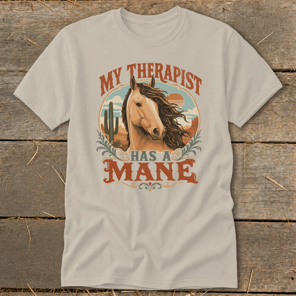 T-shirt with horse graphic and text "My Therapist Has A Mane".