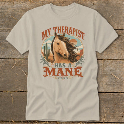 T-shirt with horse graphic and text "My Therapist Has A Mane".