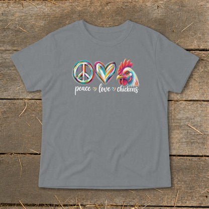 Gray t-shirt with "peace love chickens" text and colorful symbols.