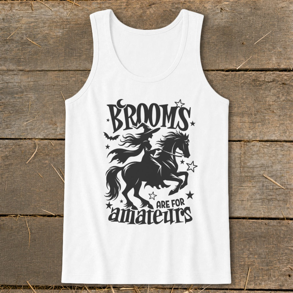 White tank top with black Halloween graphic: witch on horse, "Brooms are for amateurs."