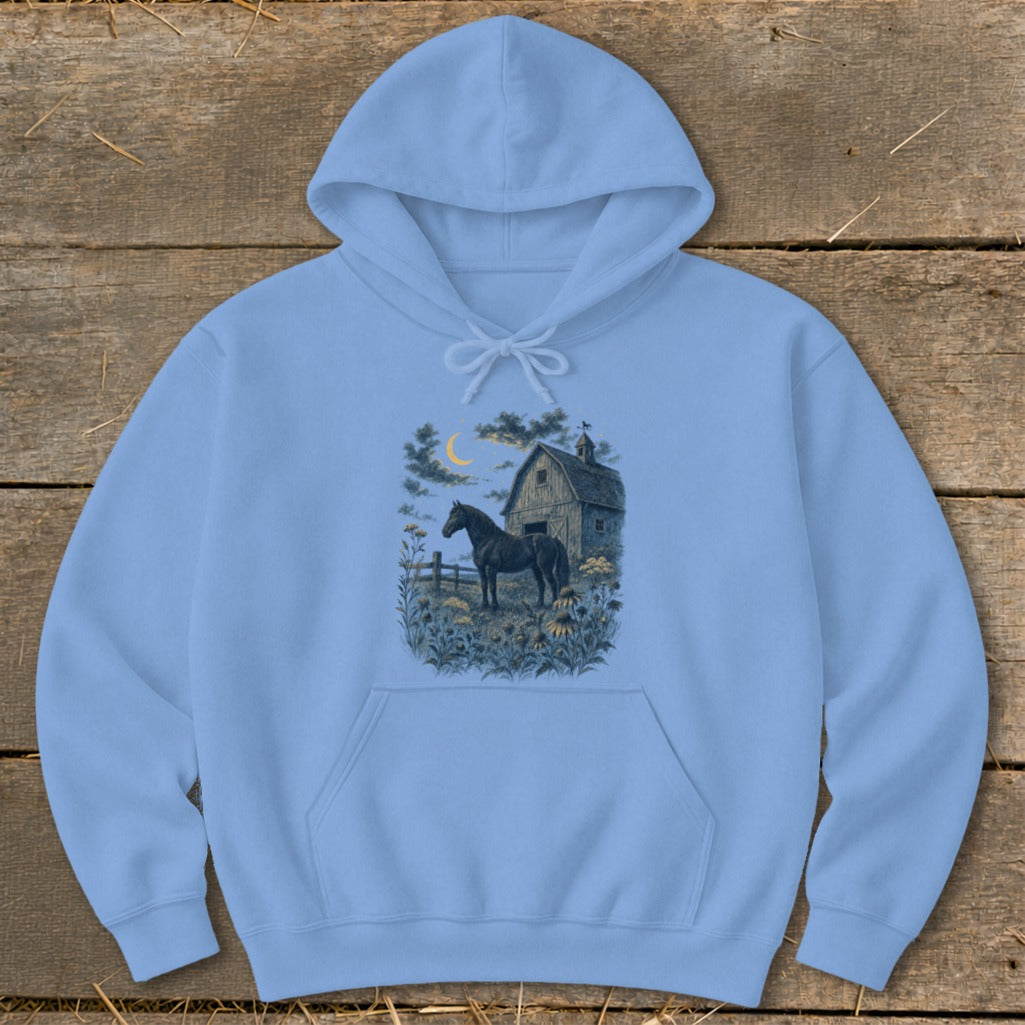 Light blue hoodie with a graphic of a horse in a field at night near a barn.