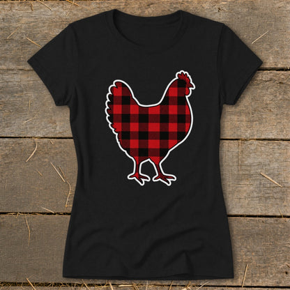 Black t-shirt with a red and black buffalo plaid chicken graphic.