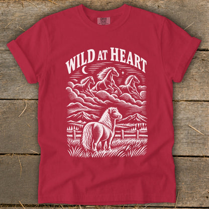 Red t-shirt with "Wild at Heart" text and a stylized horse illustration.