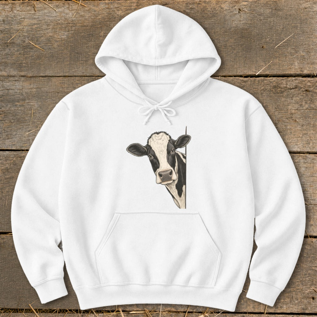 White hoodie with a black and white cow graphic peeking from the side.
