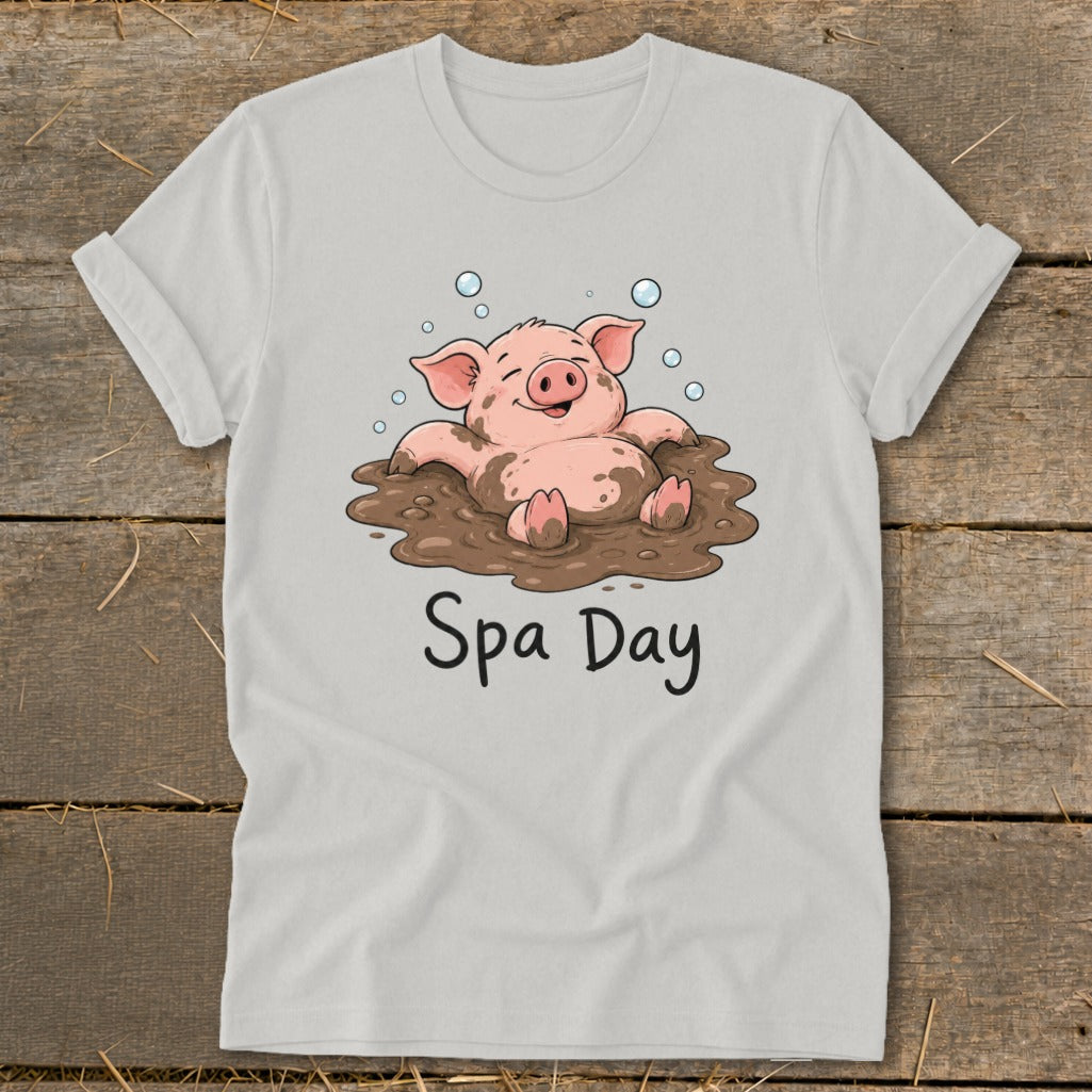 Illustration of a pig relaxing in mud with bubbles, text reads "Spa Day."