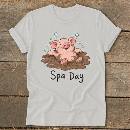 Illustration of a pig relaxing in mud with bubbles, text reads "Spa Day."