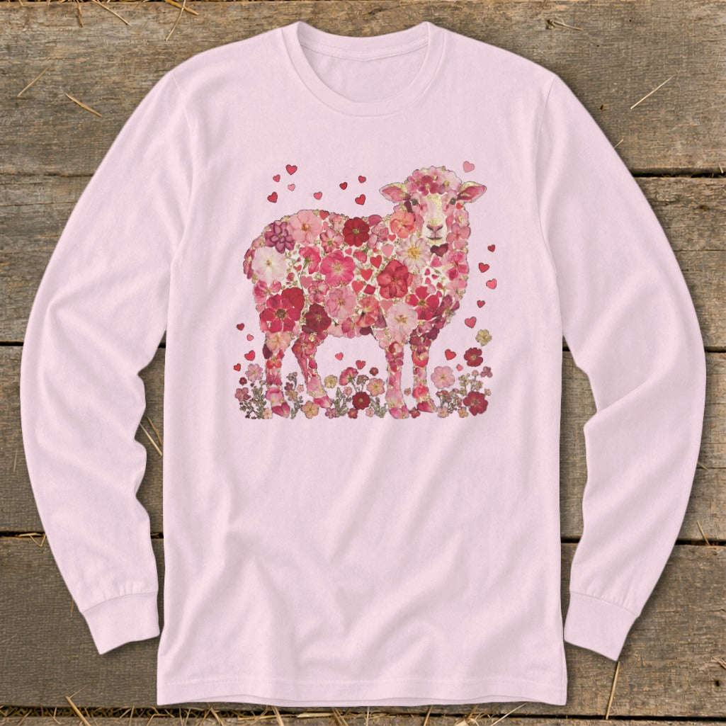 Pink long-sleeve shirt with a sheep graphic made of pink and red flowers.