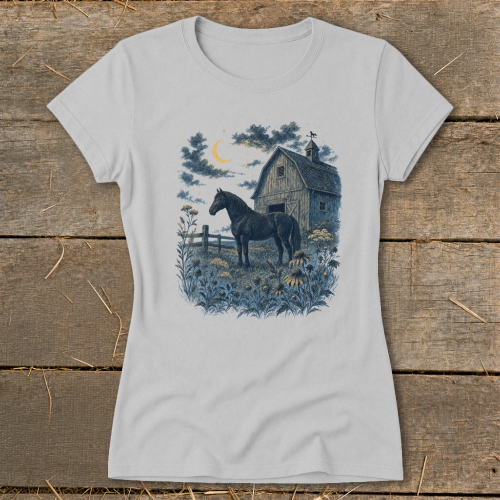 Black horse standing in a field with a barn and crescent moon.