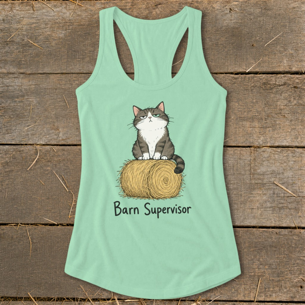 Mint green tank top with a grumpy cat sitting on a hay bale, text reads "Barn Supervisor".