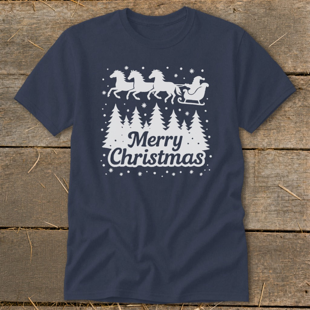 Navy t-shirt with white Merry Christmas design featuring horses, Santa's sleigh, and trees.