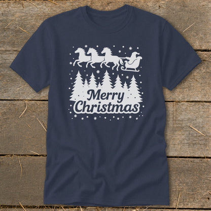 Navy t-shirt with white Merry Christmas design featuring horses, Santa's sleigh, and trees.