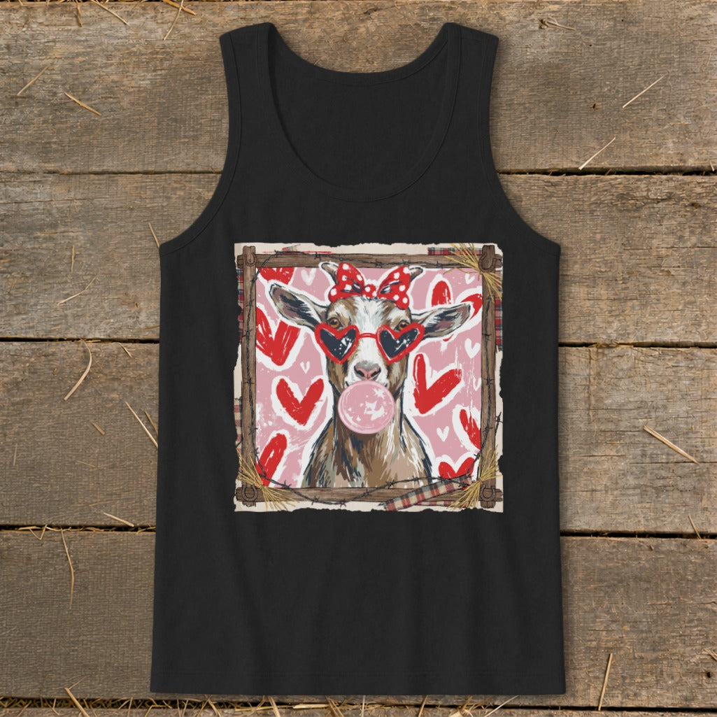 Black tank top with a graphic of a goat blowing a pink bubble gum.