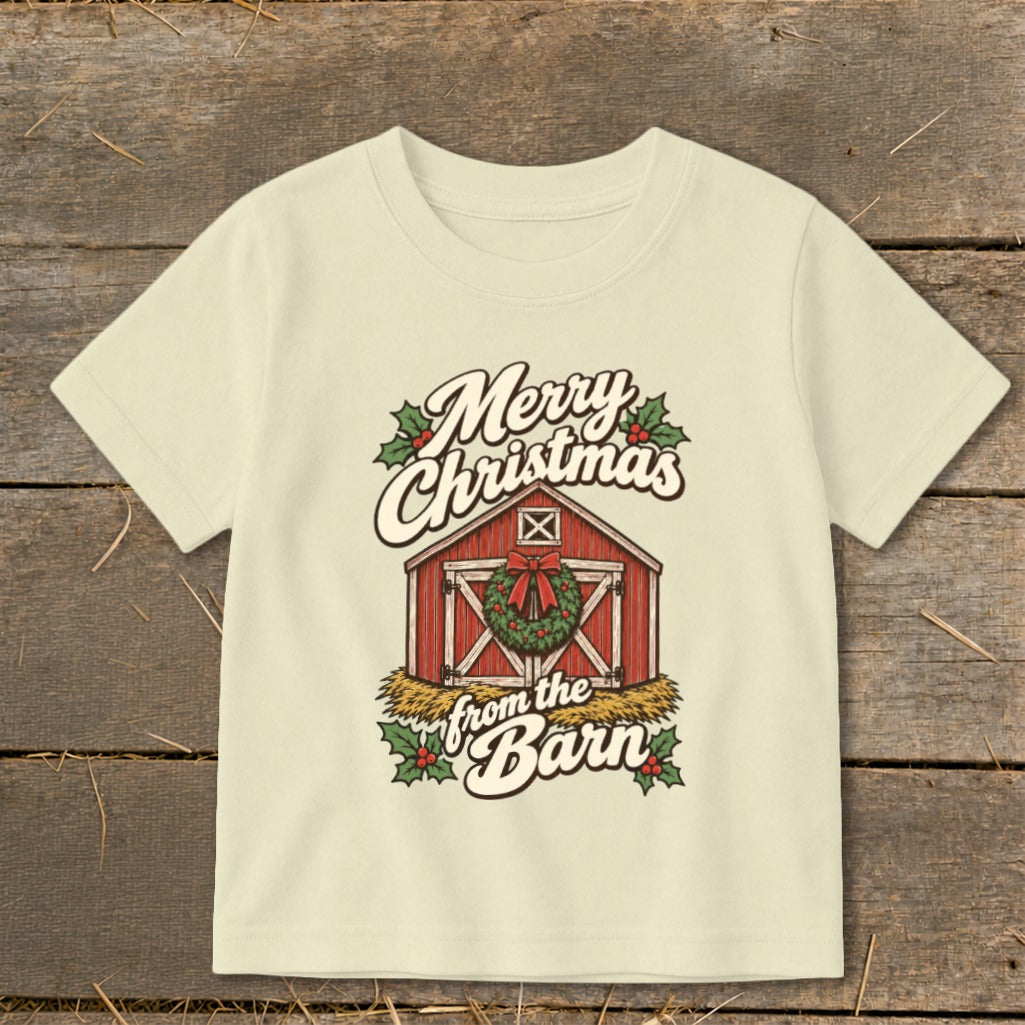 Light yellow t-shirt with "Merry Christmas from the Barn" text and barn graphic.