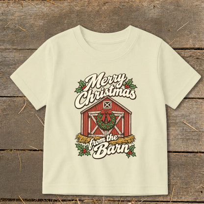 Light yellow t-shirt with "Merry Christmas from the Barn" text and barn graphic.