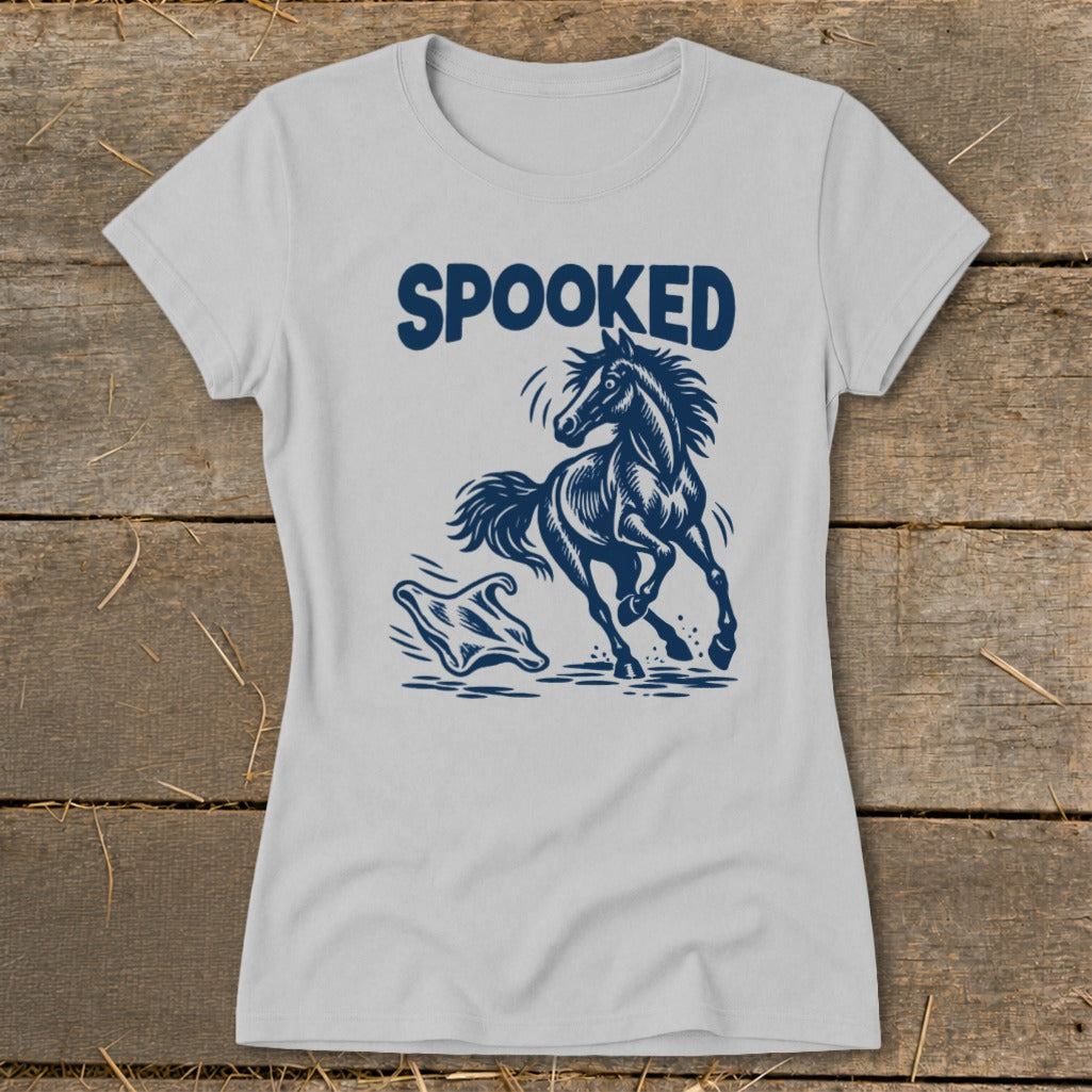 Light grey t-shirt with navy graphic of a spooked horse and ghost, with text "SPOOKED".