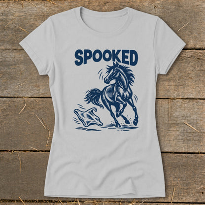 Light grey t-shirt with navy graphic of a spooked horse and ghost, with text "SPOOKED".