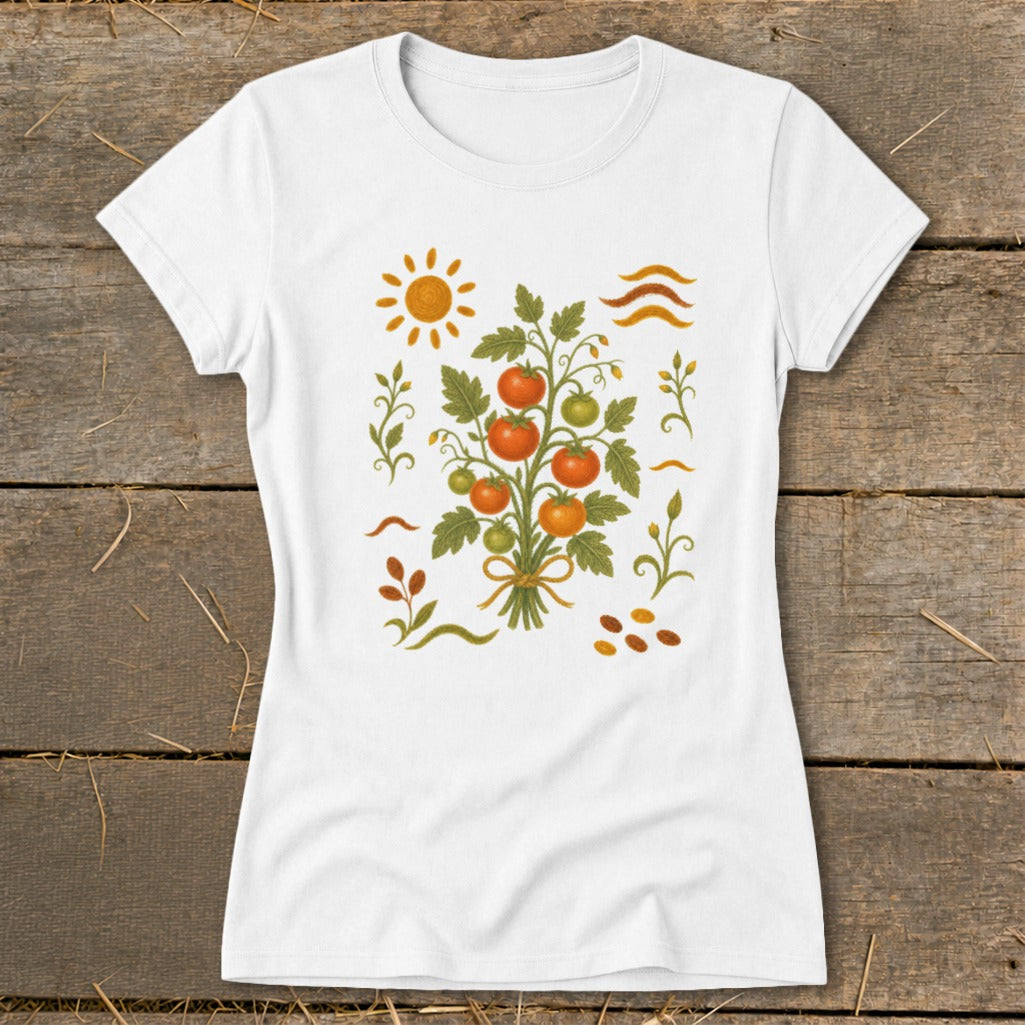 White t-shirt with a colorful illustration of a tomato plant, sun, and wavy lines.
