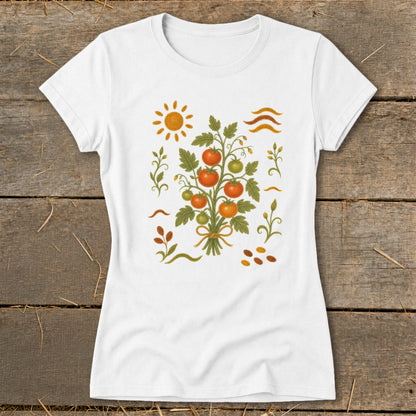 White t-shirt with a colorful illustration of a tomato plant, sun, and wavy lines.