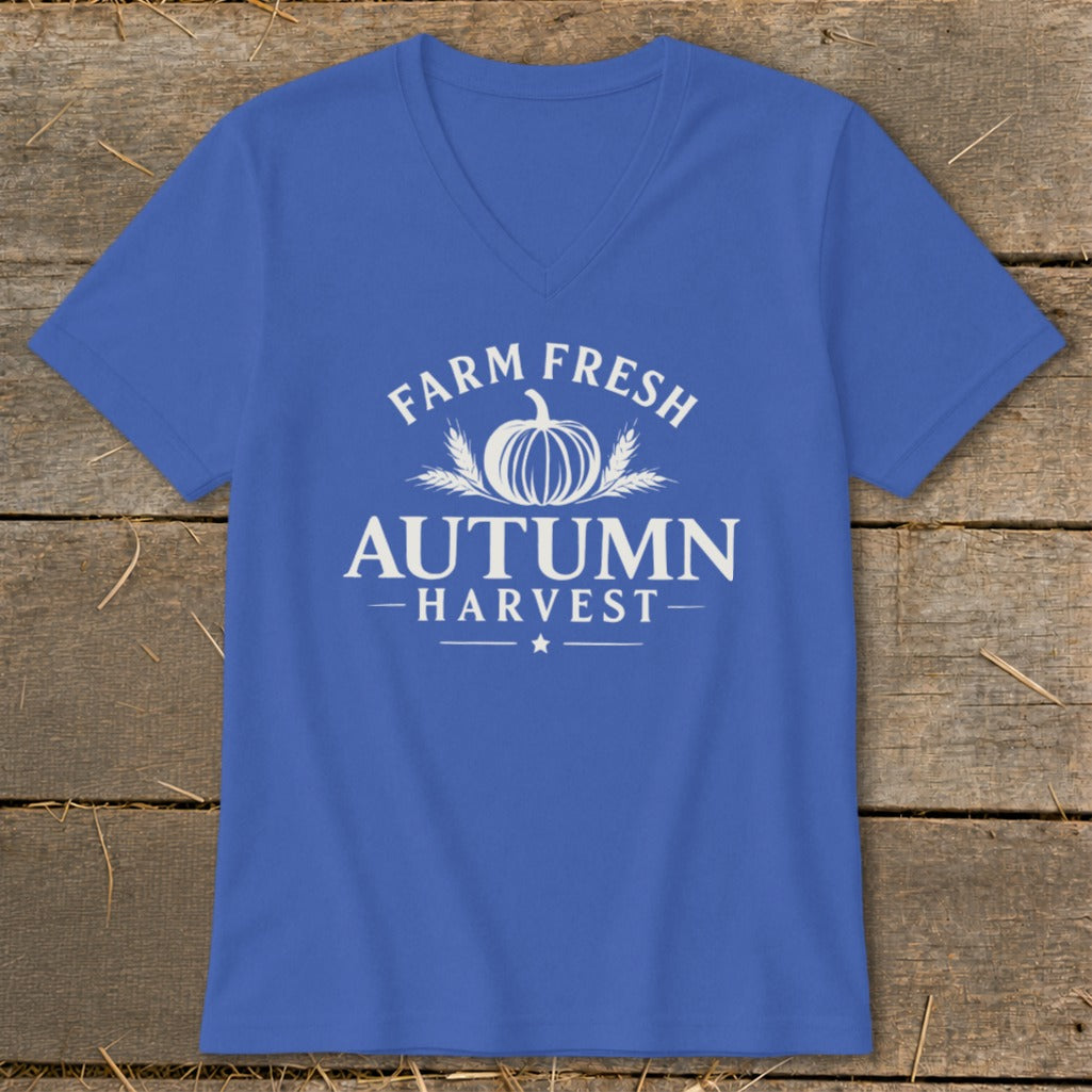 Blue V-neck t-shirt with white text and pumpkin graphic: "Farm Fresh Autumn Harvest".