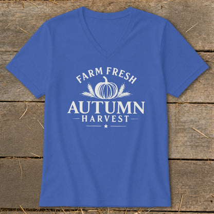 Blue V-neck t-shirt with white text and pumpkin graphic: "Farm Fresh Autumn Harvest".