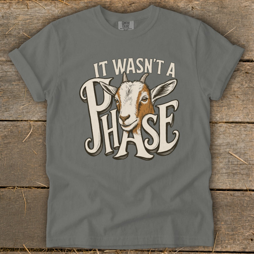Grey t-shirt with a goat illustration and text "IT WASN'T A PHASE".