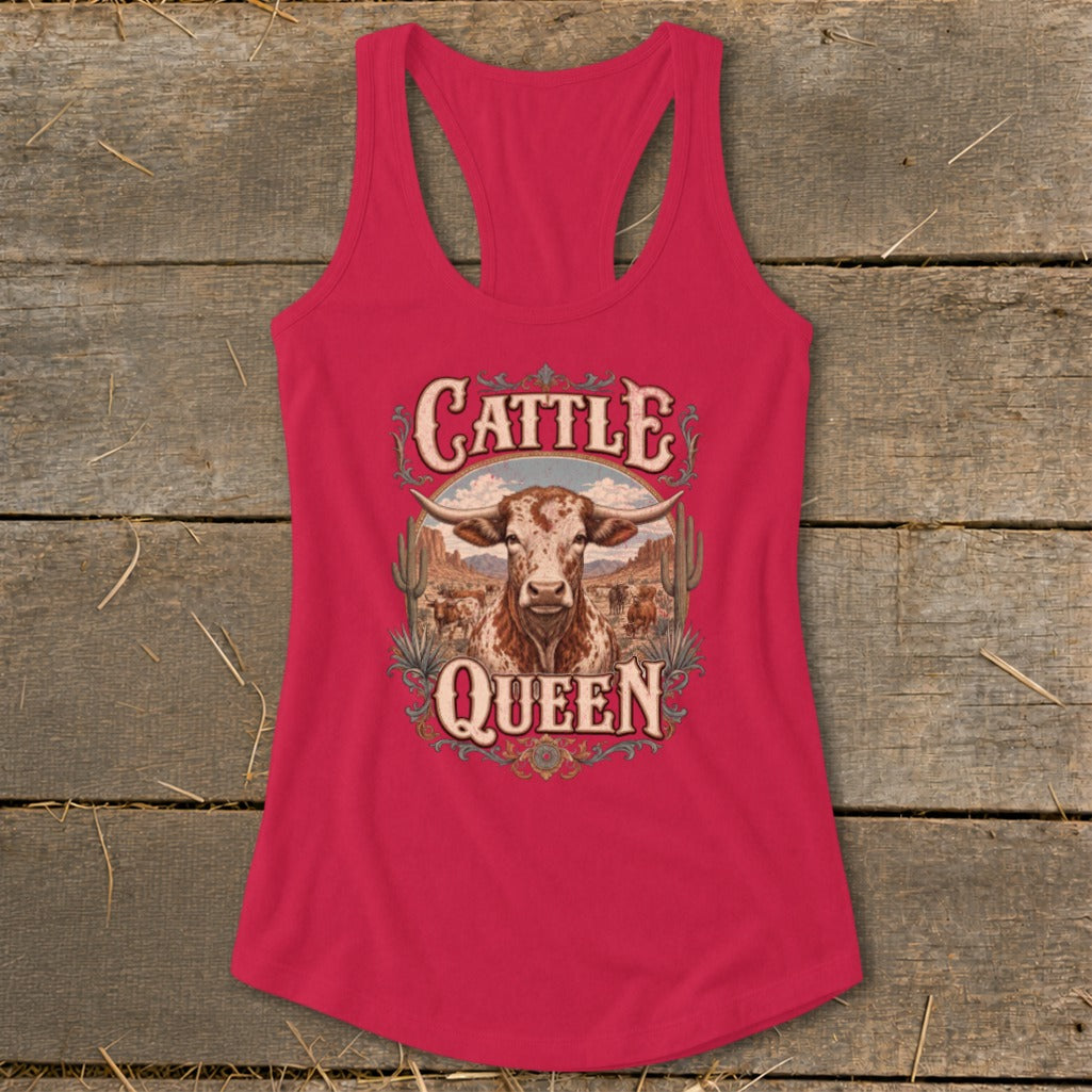 Pink tank top with "Cattle Queen" text and a longhorn steer illustration.