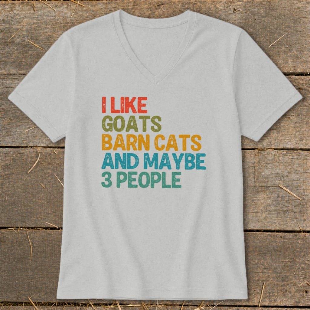 Gray v-neck t-shirt with colorful text reading "I Like Goats Barn Cats And Maybe 3 People".