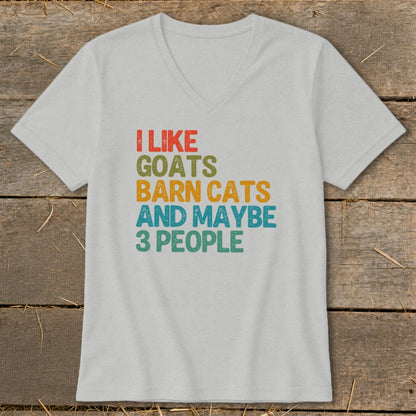 Gray v-neck t-shirt with colorful text reading "I Like Goats Barn Cats And Maybe 3 People".