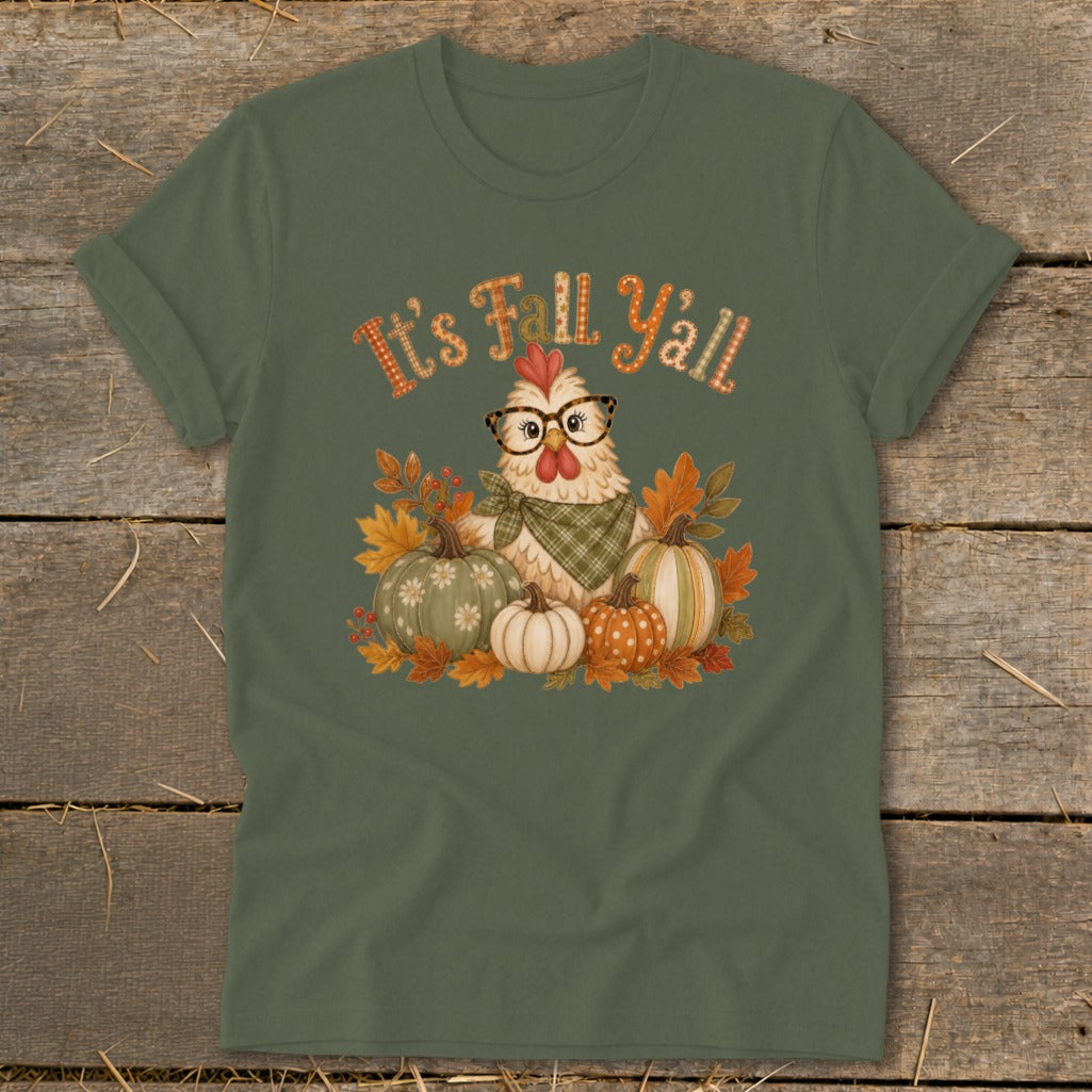 Green t-shirt with "It's Fall Y'all" and a chicken among pumpkins and leaves.