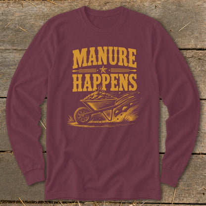 Maroon long-sleeve shirt with "MANURE HAPPENS" text and a wheelbarrow graphic.