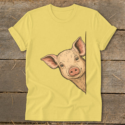 Yellow t-shirt with a peeking pig illustration.