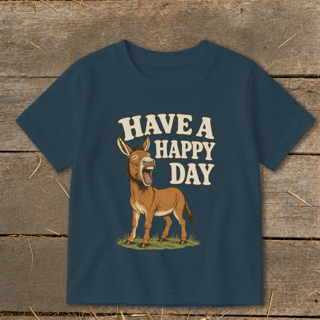 Dark blue t-shirt with a cartoon donkey and text that reads "HAVE A HAPPY DAY."