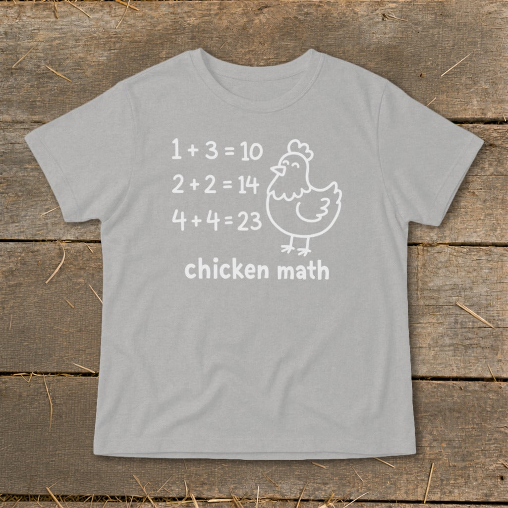 Grey t-shirt with "chicken math" and funny math equations with a chicken graphic.