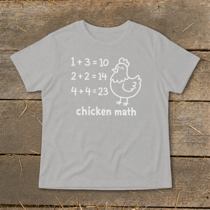 Grey t-shirt with "chicken math" and funny math equations with a chicken graphic.