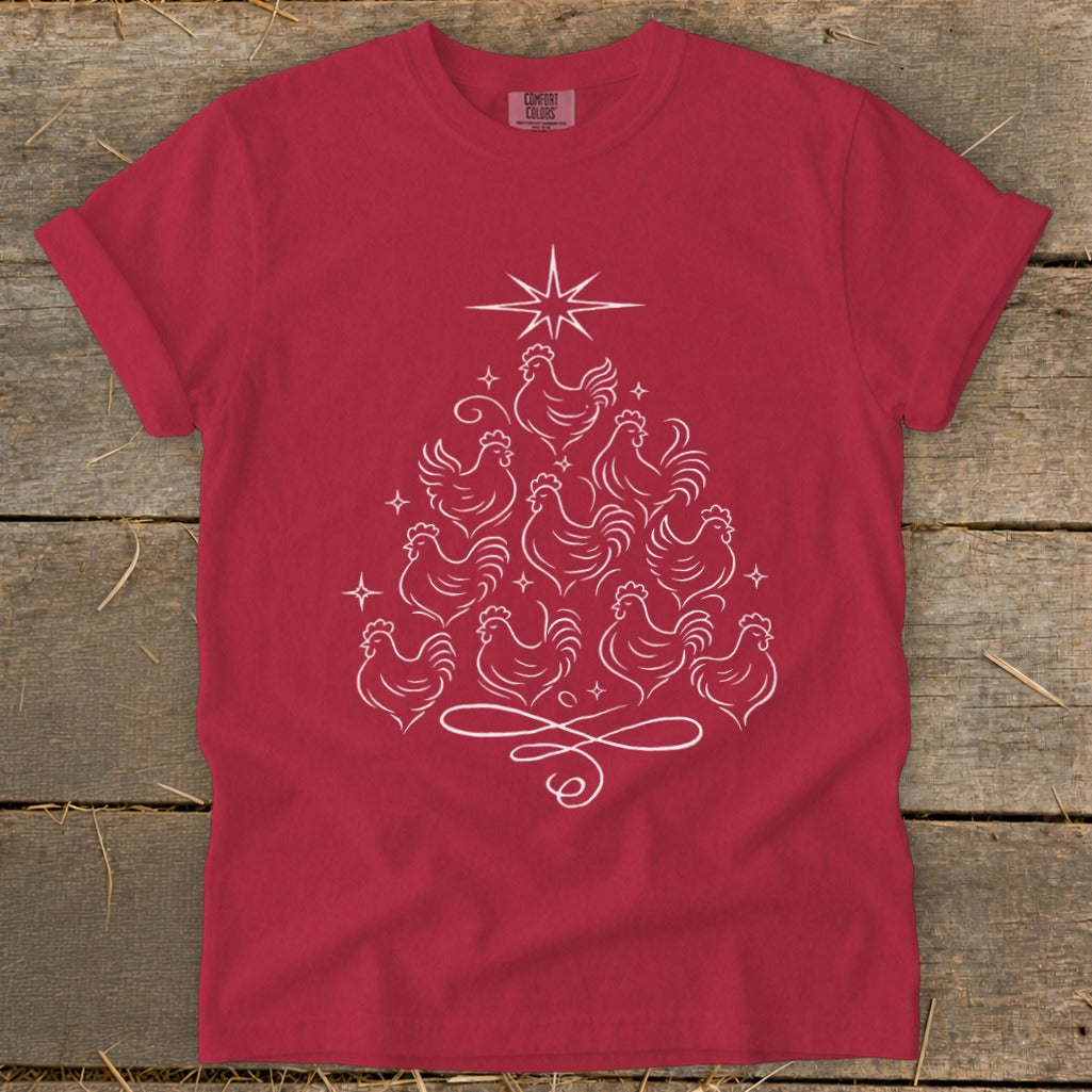 Red t-shirt with white outline art of chickens forming a Christmas tree.