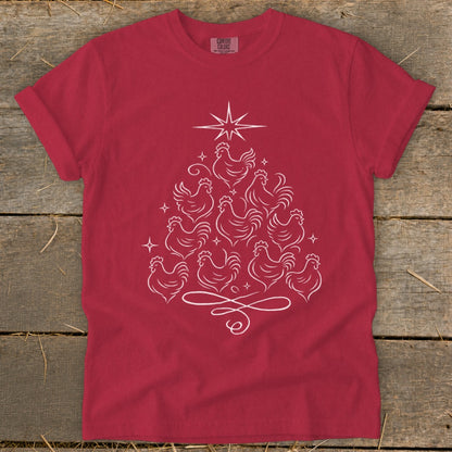 Red t-shirt with white outline art of chickens forming a Christmas tree.