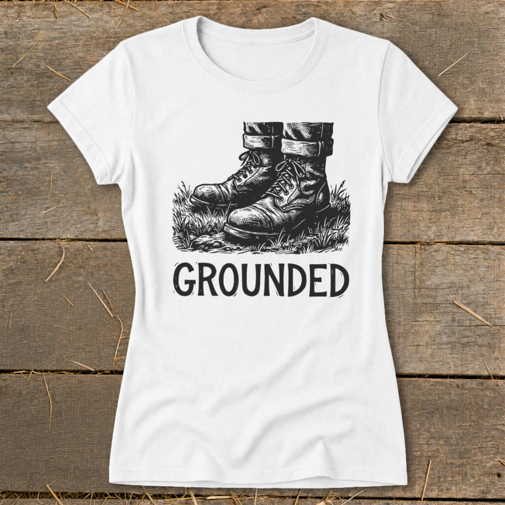 White t-shirt with a graphic of boots in grass and the word "GROUNDED".