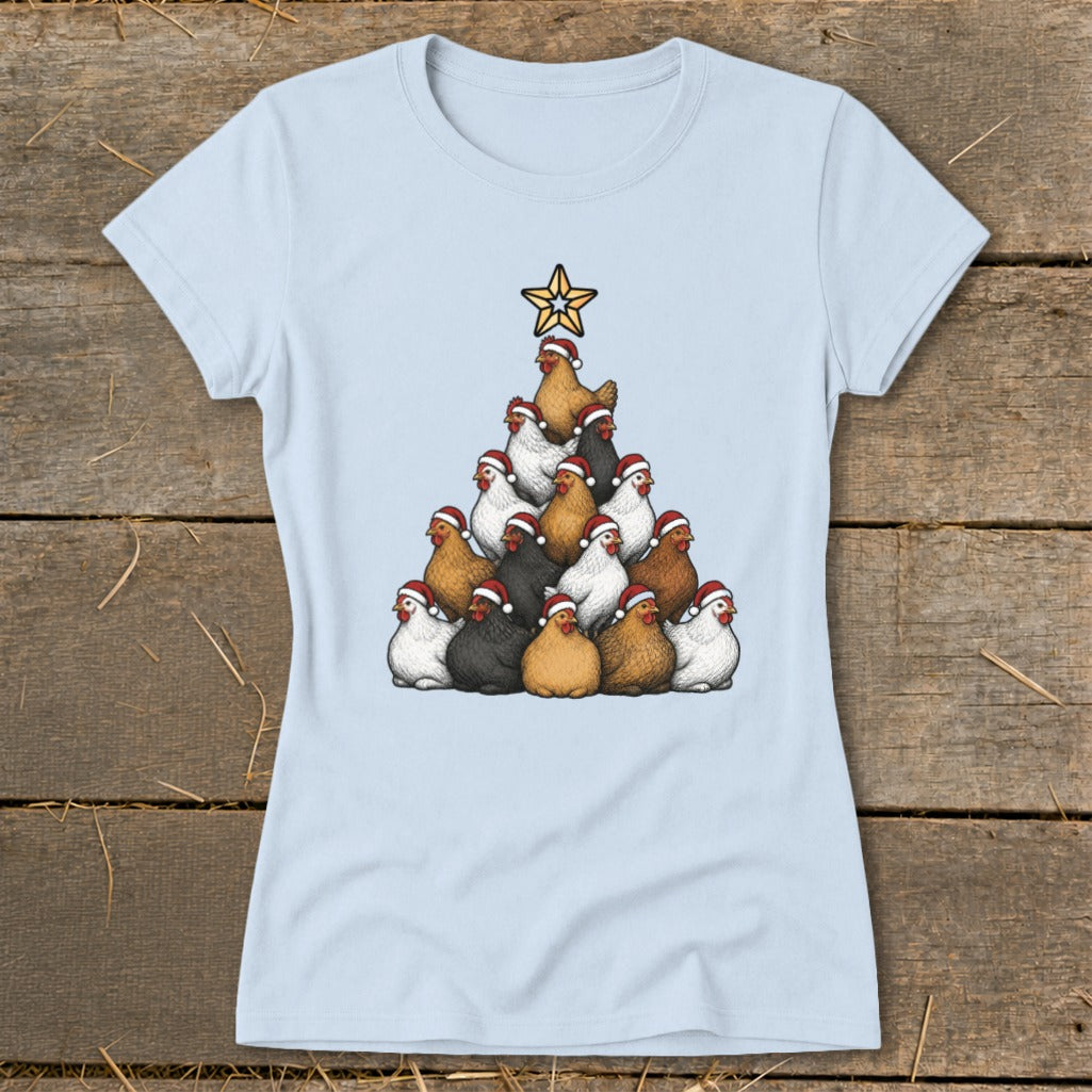Light blue t-shirt featuring a Christmas tree made of chickens wearing Santa hats.