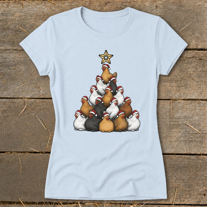 Light blue t-shirt featuring a Christmas tree made of chickens wearing Santa hats.