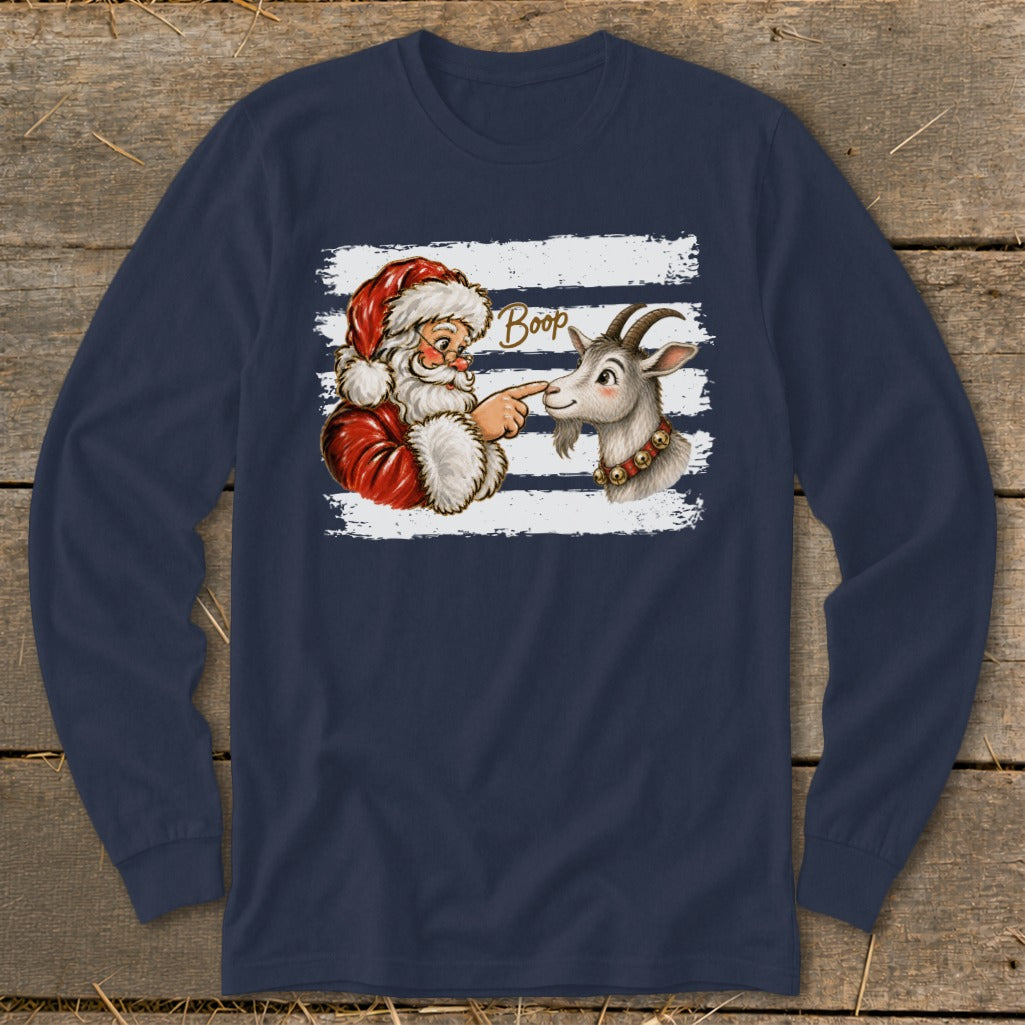 Santa booping a goat with "Boop" text on a blue and white striped background.