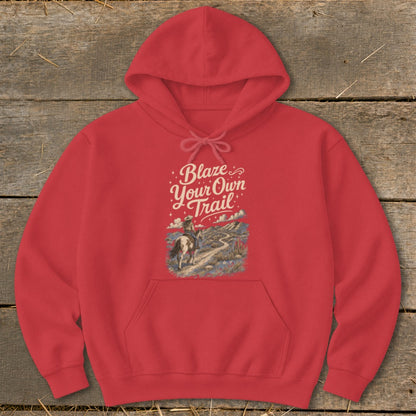 Red hoodie with "Blaze Your Own Trail" text and a desert landscape with a person on horseback.