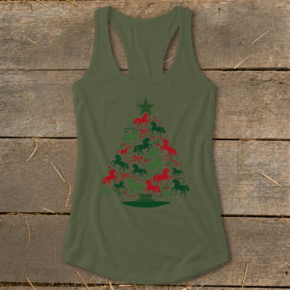 Olive green tank top with Christmas tree graphic featuring red and green horses and bows.
