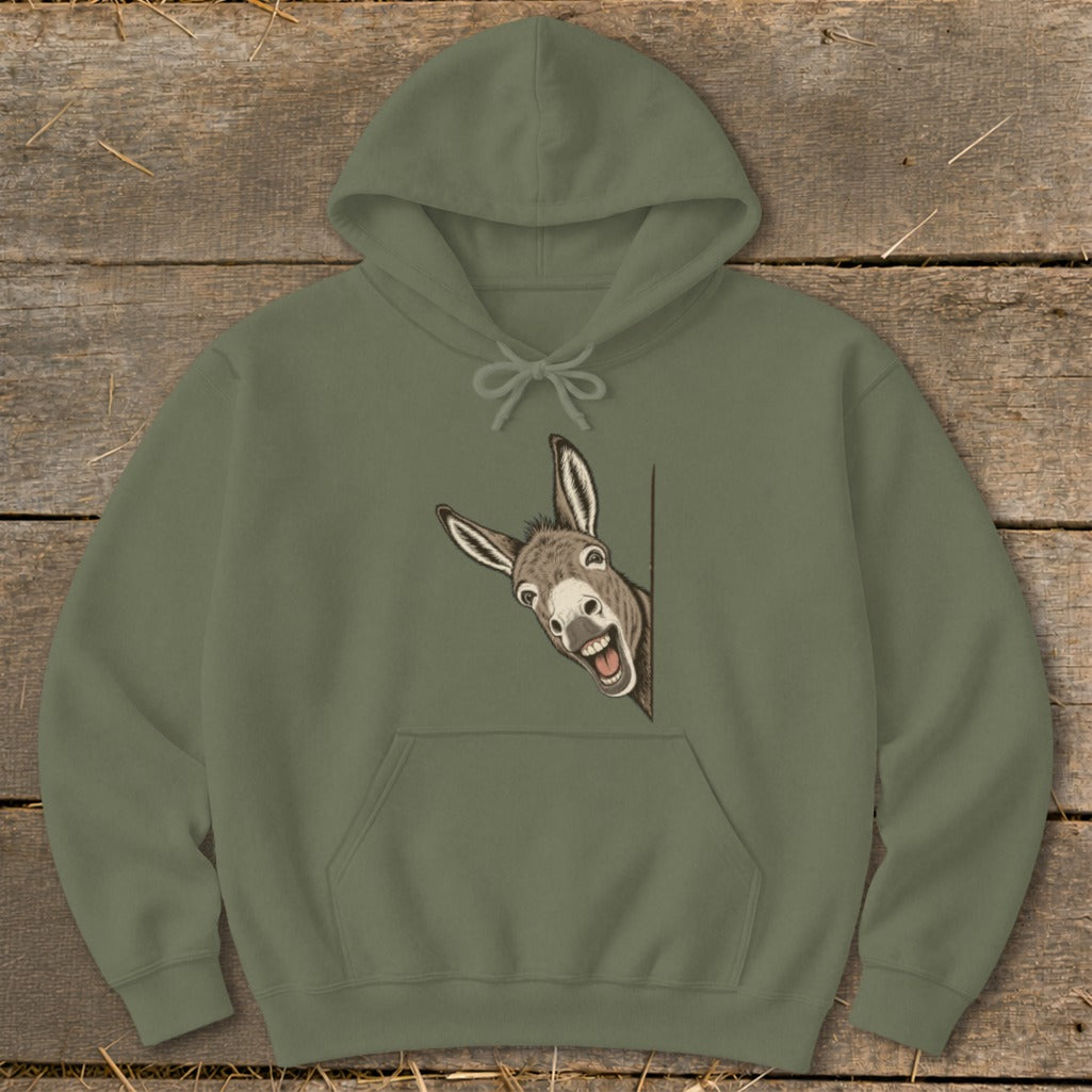Olive green hoodie with a cartoon donkey peeking from the side.