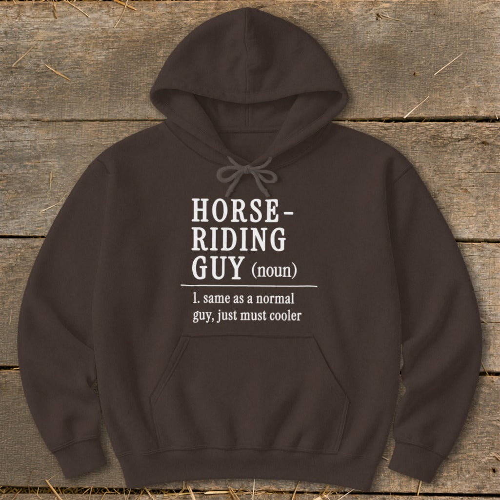 Brown hoodie with text "Horse-Riding Guy (noun) 1. same as a normal guy, just must cooler".