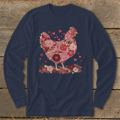 Navy long-sleeve shirt with a chicken made of pink and red flowers and hearts.
