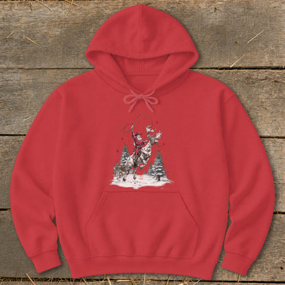 Red hoodie with a graphic of Santa riding a reindeer in a snowy forest.