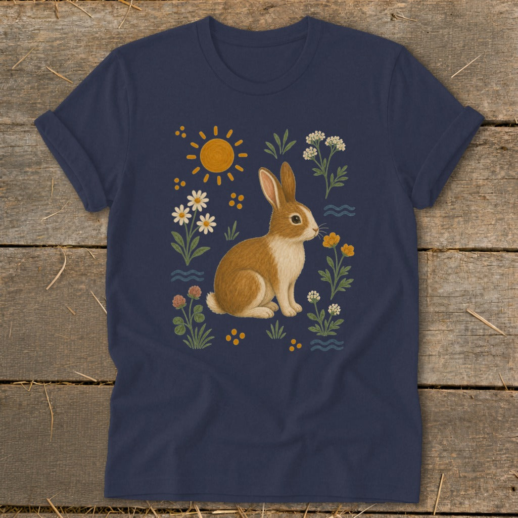 Navy t-shirt with a whimsical illustration of a brown and white rabbit smelling a yellow flower.