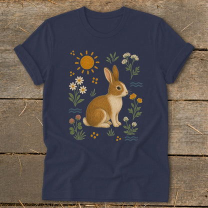 Navy t-shirt with a whimsical illustration of a brown and white rabbit smelling a yellow flower.