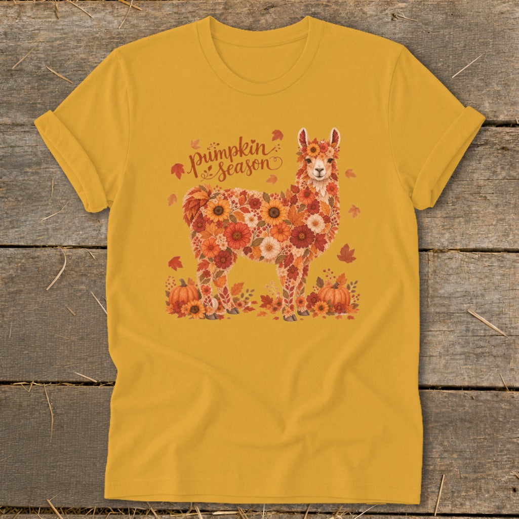 Llama made of fall flowers and leaves with "Pumpkin Season" text.