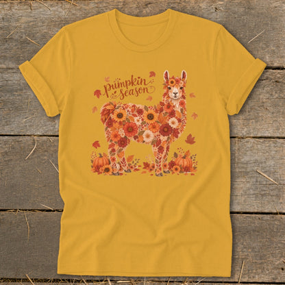 Llama made of fall flowers and leaves with "Pumpkin Season" text.